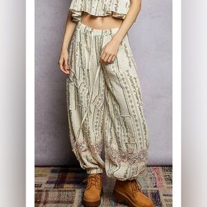 POL Cream Patterned Cotton Gauze Wide Leg Jogger Pants
